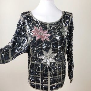 Vintage Oleg Cassini Beaded Sequin Black Top